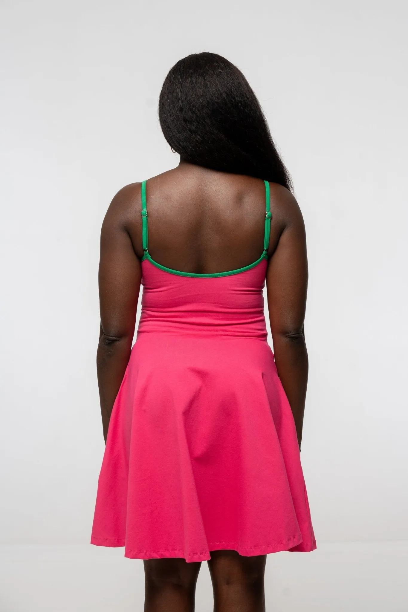 Jola Pocket Skater Mini Dress in Hot Pink / Grass Green sold by Manners London product image thumbnail 4