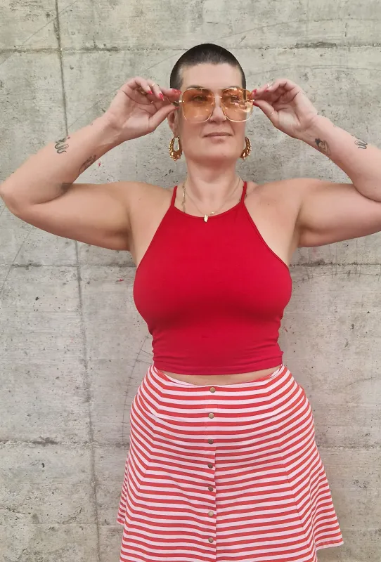 EKA Racer Crop in Pomegranate Red sold by Manners London