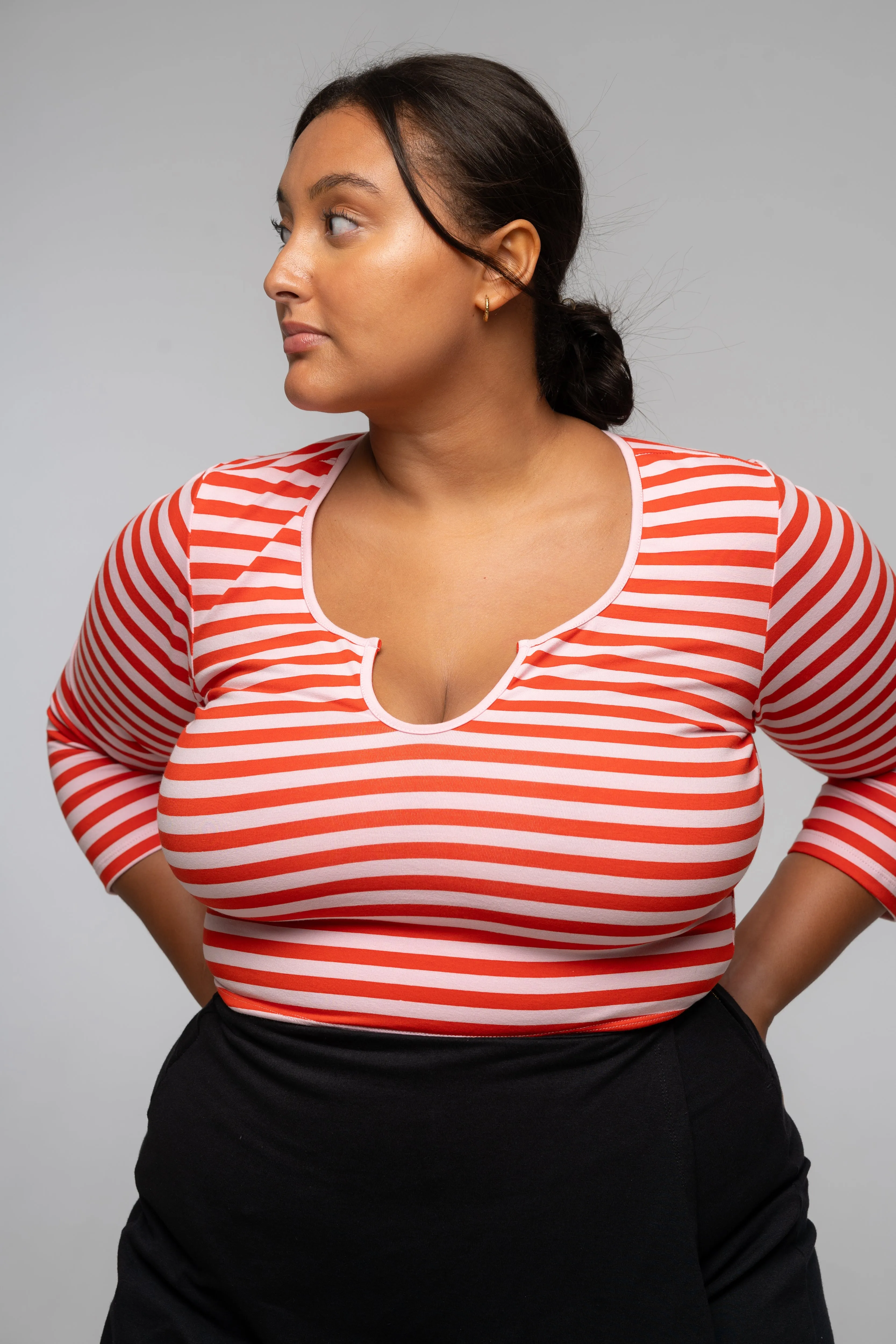 U Front Full Length Top (7/8 sleeves) In Tomato red on Bubblegum Pink! sold by Manners London