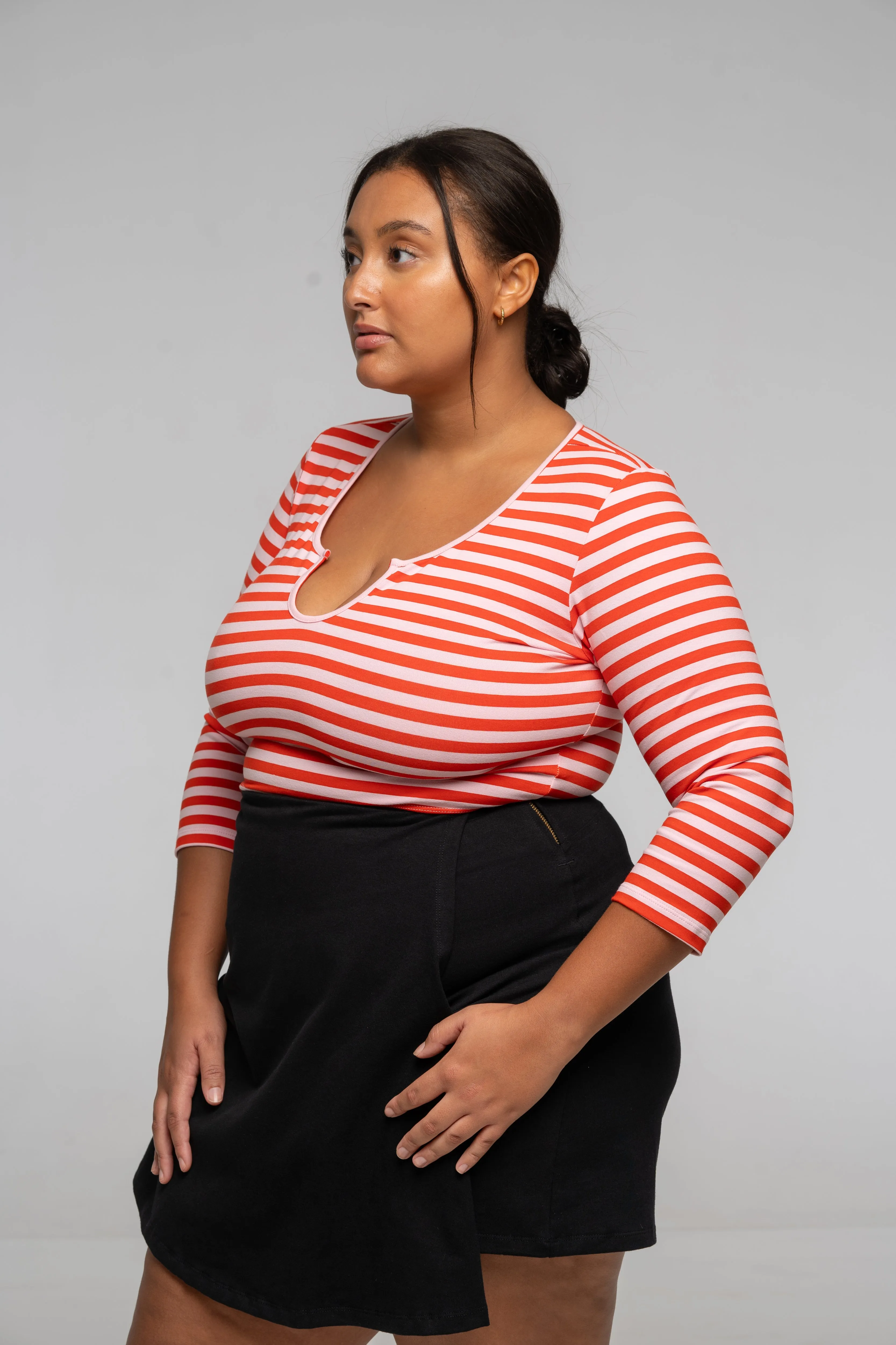 U Front Full Length Top (7/8 sleeves) In Tomato red on Bubblegum Pink! sold by Manners London product image thumbnail 3