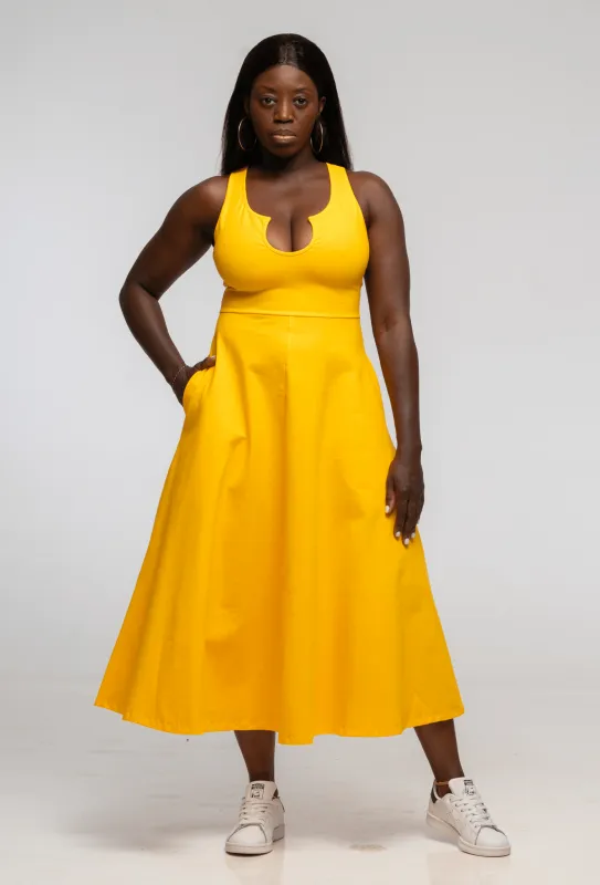 U Front Midi  A-line Dress in Mango sold by Manners London