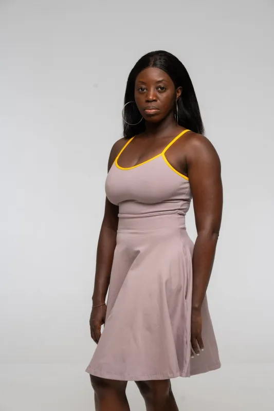 Jola Pocket Skater Mini Dress in Dust / Mango sold by Manners London