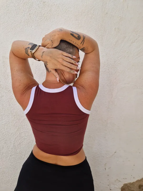 Iva Top Crop in Tawny Port/White sold by Manners London