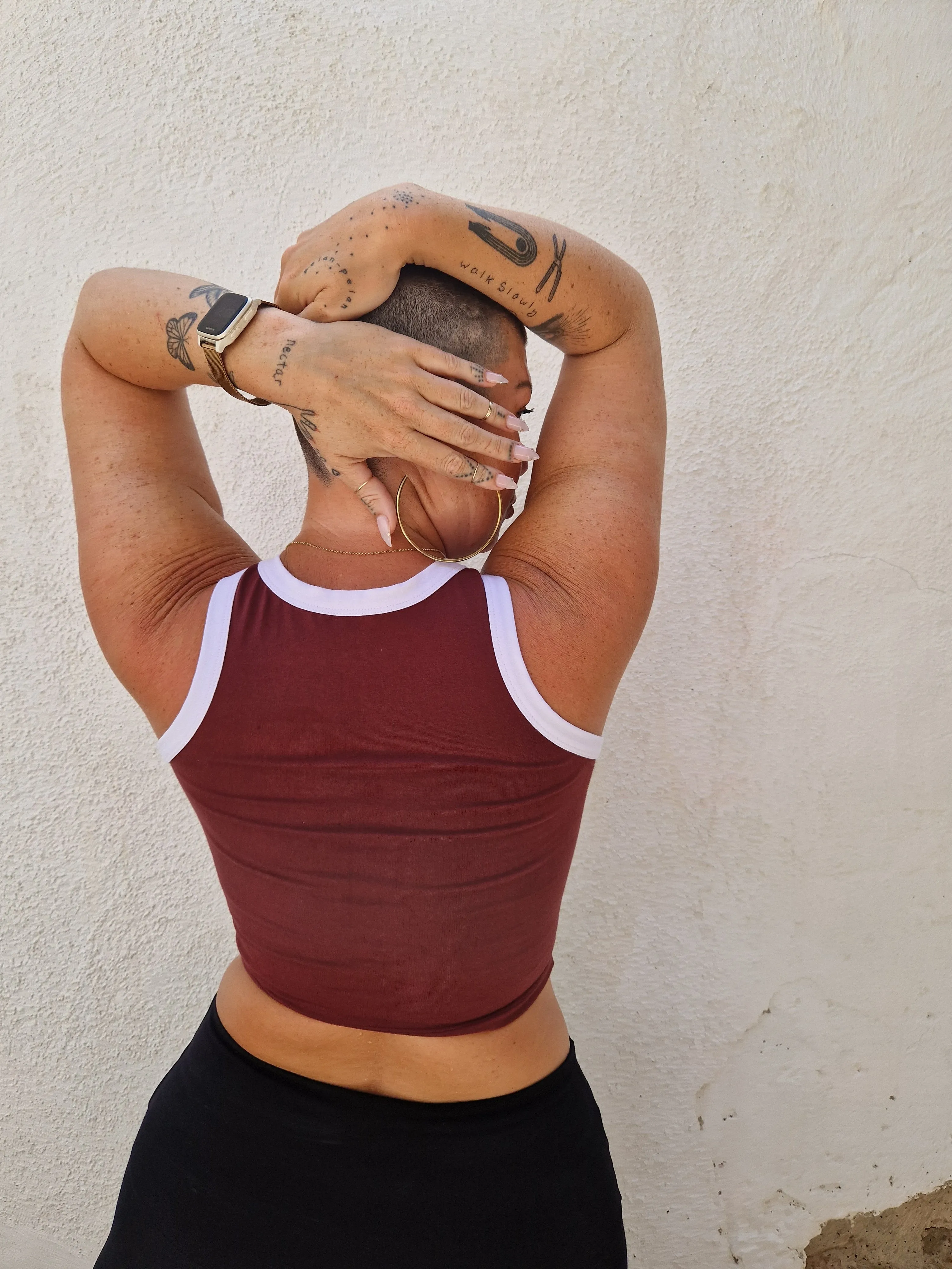 Iva Top Crop in Tawny Port/White sold by Manners London