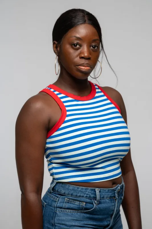 Iva Top Crop in Blue Mint Stripe / Red sold by Manners London