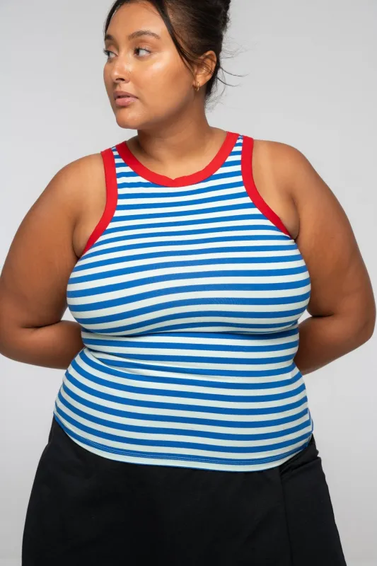 Iva Top Full Length in Blue Mint Stripe / Red sold by Manners London