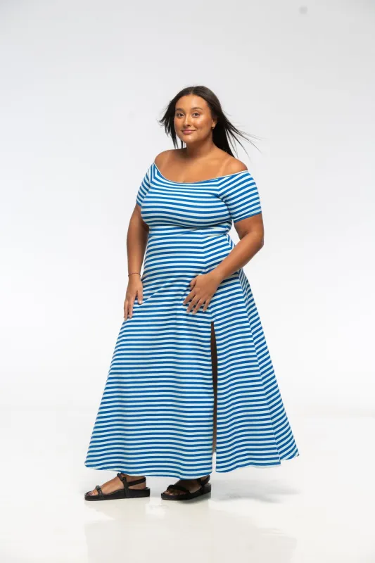 Bardot Dress Midi A-Line (short sleeves) in Blue/Mint Stripe sold by Manners London