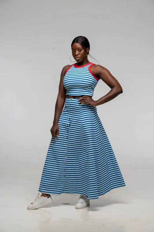 Popper Skirt Midi in Blue / Mint Stripe sold by Manners London