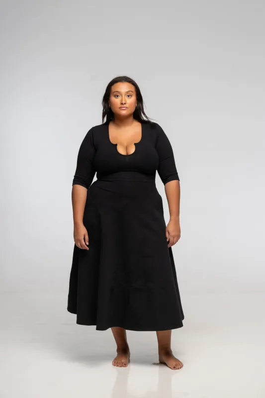 U Front Dress Midi Regular A-line (6/7 sleeves) in Black made by Manners London