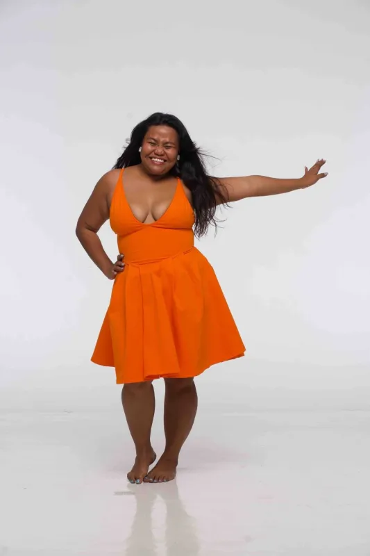 Corset Puff Dress Mini in Tangerine (with pockets) sold by Manners London