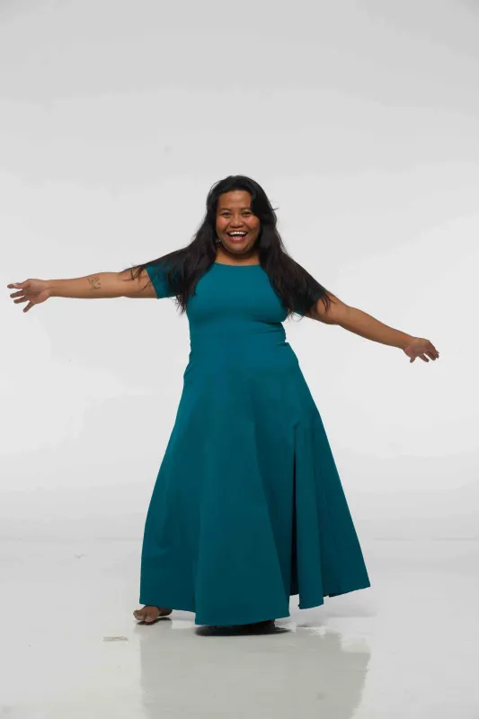 Bardot Dress Midi A-Line (short sleeves) in deep Turquoise sold by Manners London