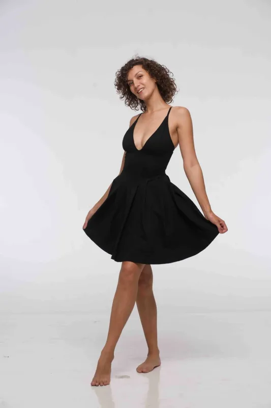 Corset Puff Dress Mini in Black (with pockets) sold by Manners London