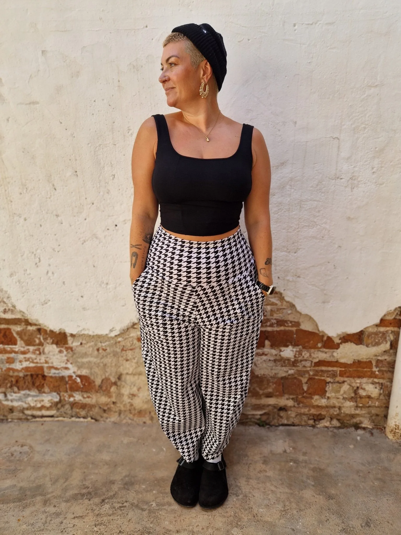 Puff Pants (Longer leg) in Houndstooth Print sold by Manners London