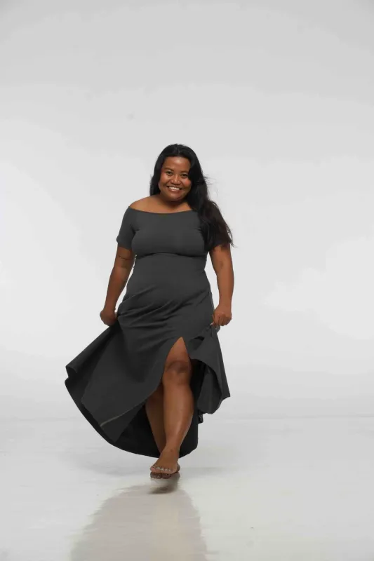 Bardot Dress Midi A-Line (short sleeves) in Grey sold by Manners London