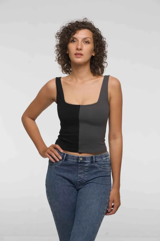 Half and Half New Square Neck Crop Top in Black/Grey sold by Manners London