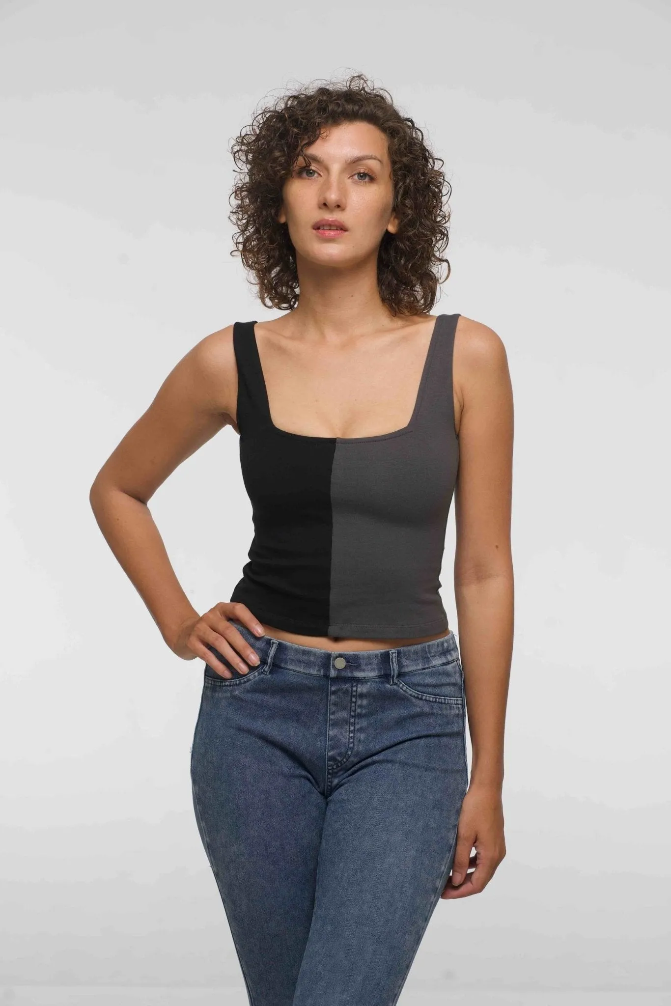 Half and Half New Square Neck Crop Top in Black/Grey sold by Manners London