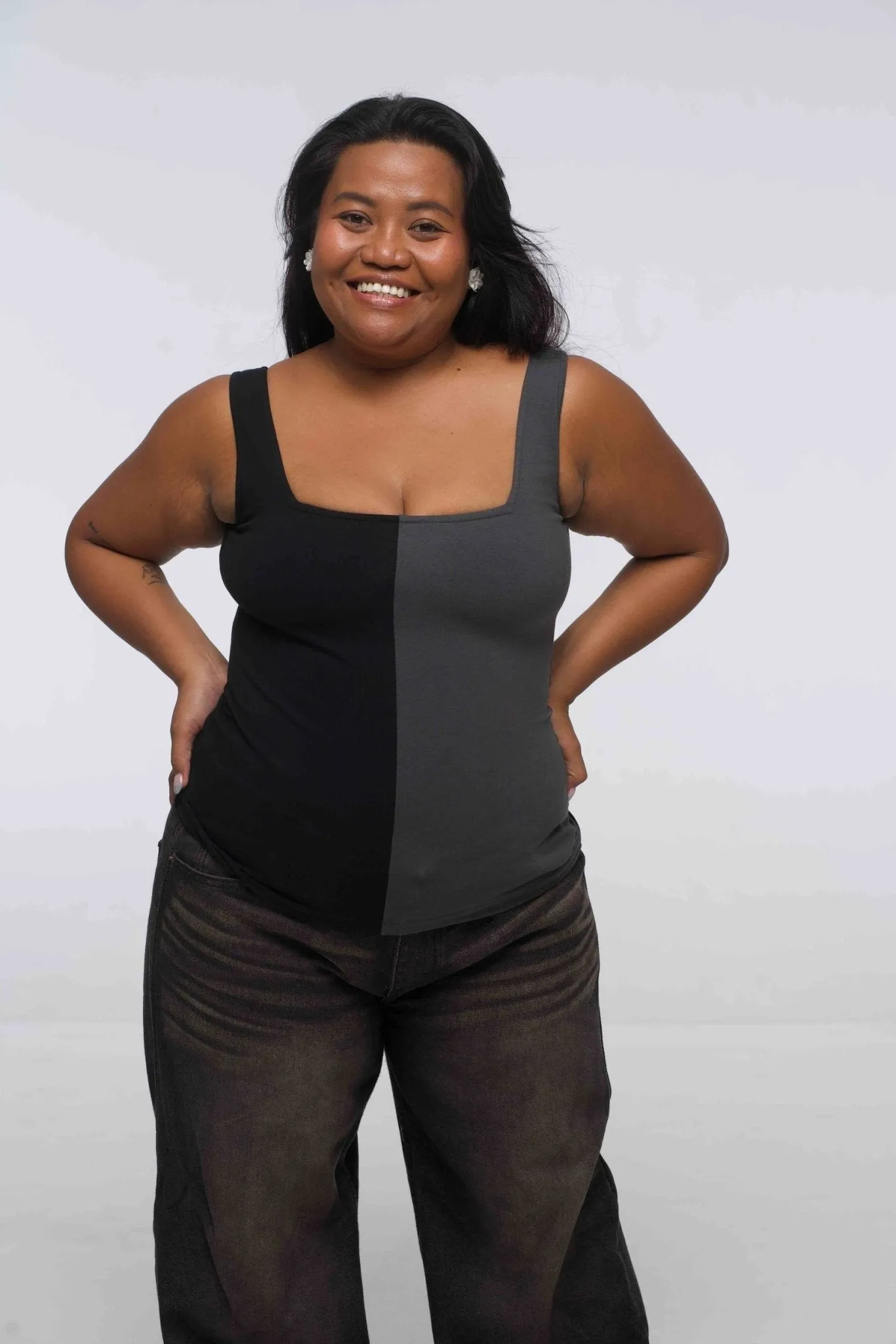 Half and Half New Square Neck Full Length Top in Black/Grey sold by Manners London