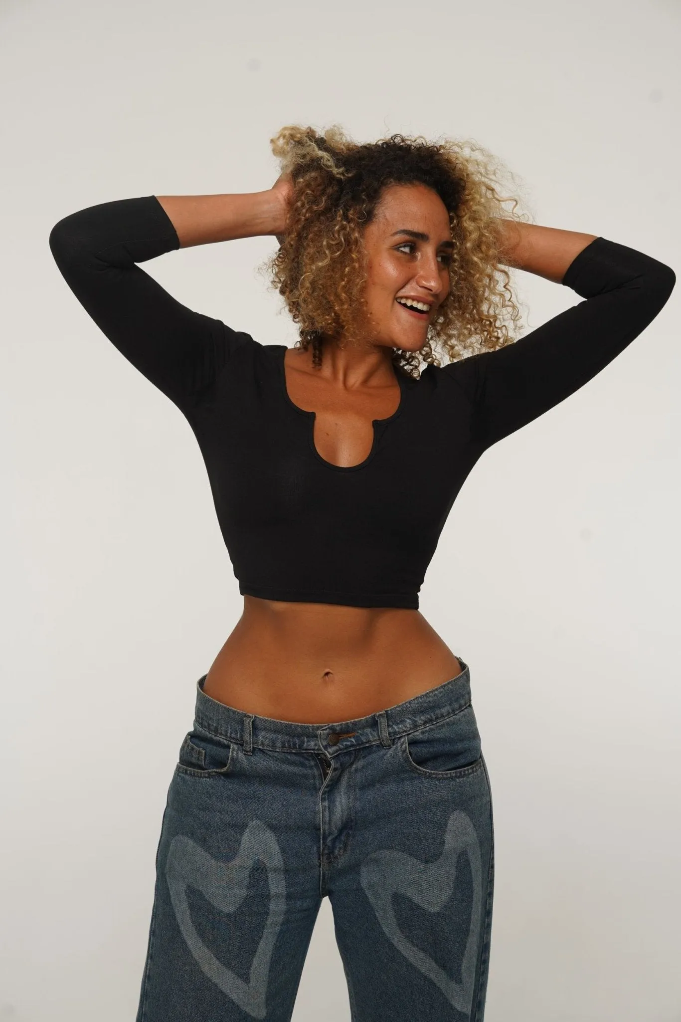 U Front Crop Top with sleeves in Black sold by Manners London product image thumbnail 5