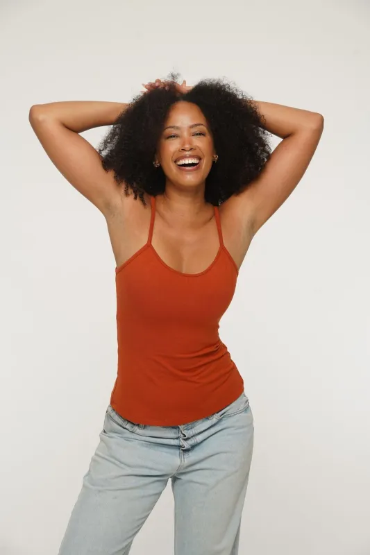 Scoop Full Length Vest in Burnt Orange sold by Manners London