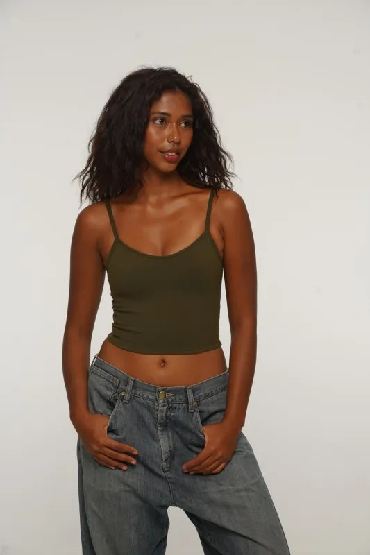 Scoop Crop Vest in Khaki Green sold by Manners London
