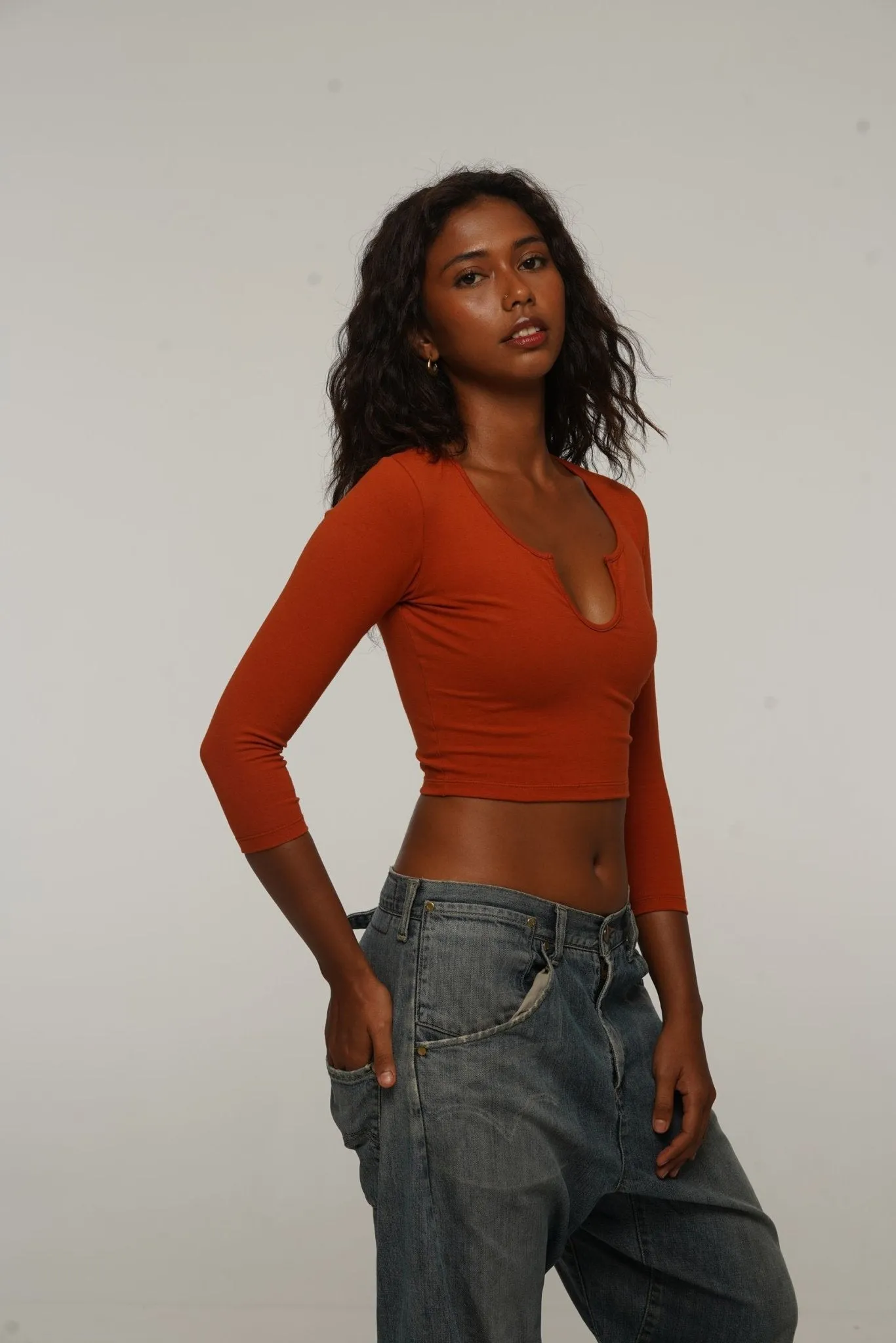 U Front Crop Top with sleeves in Burnt Orange sold by Manners London product image thumbnail 5