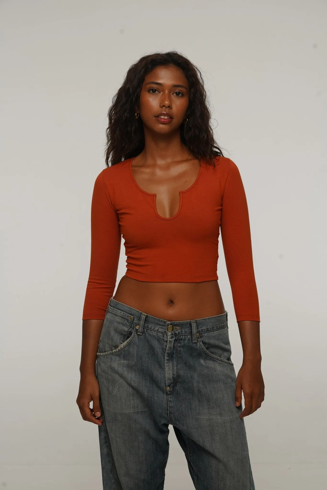 U Front Crop Top with sleeves in Burnt Orange sold by Manners London product image thumbnail 4