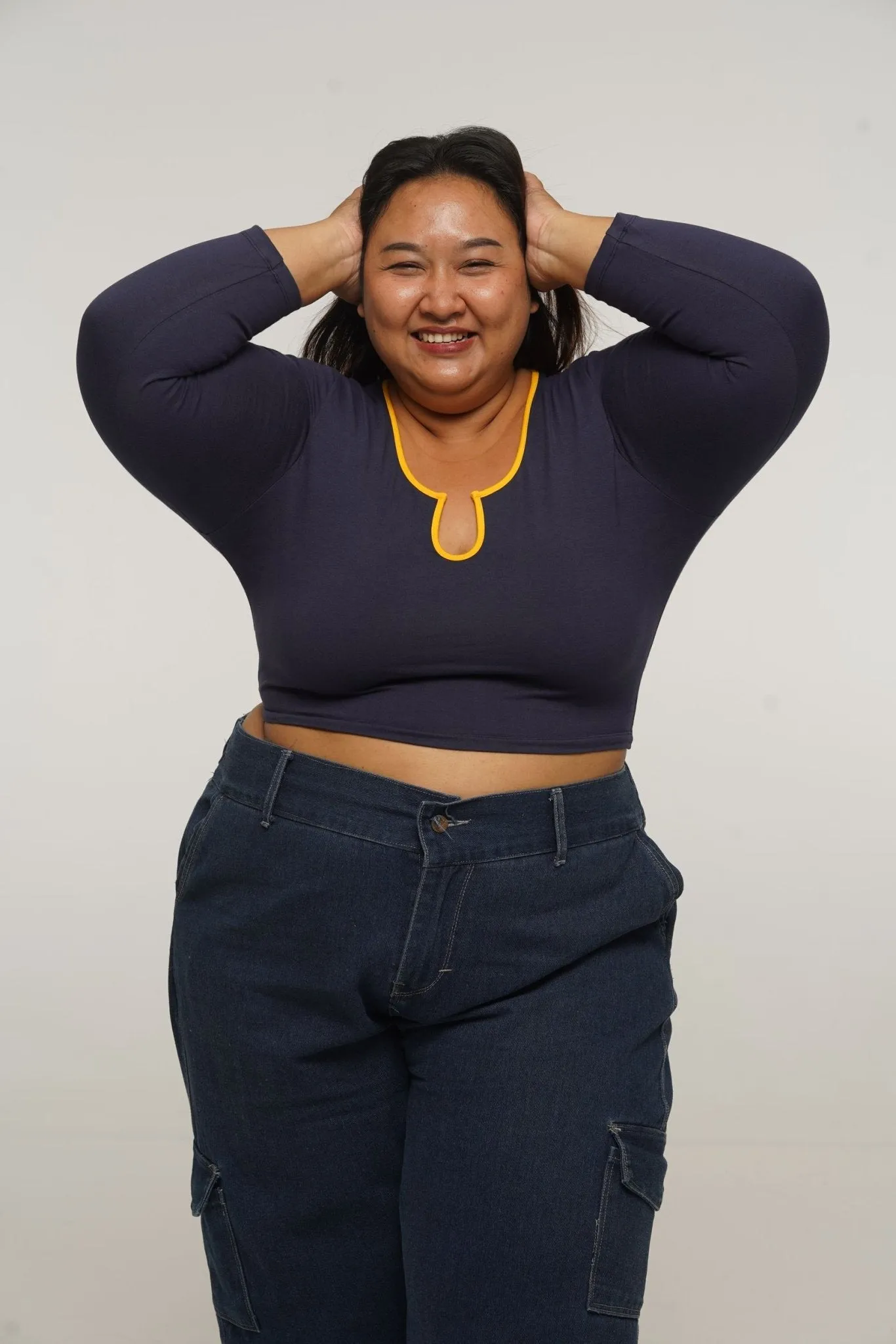 U Front Crop Top with sleeves in Navy & Mango sold by Manners London product image thumbnail 2