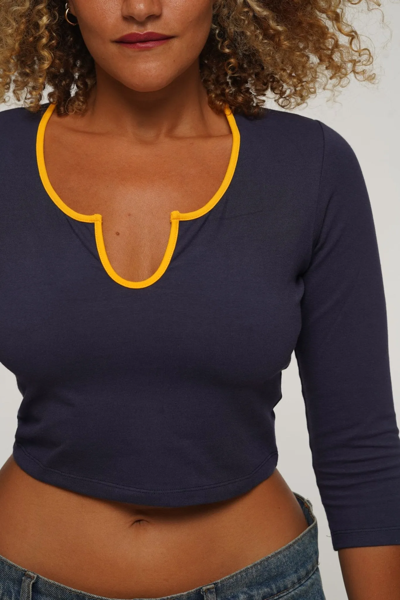U Front Crop Top with sleeves in Navy & Mango sold by Manners London