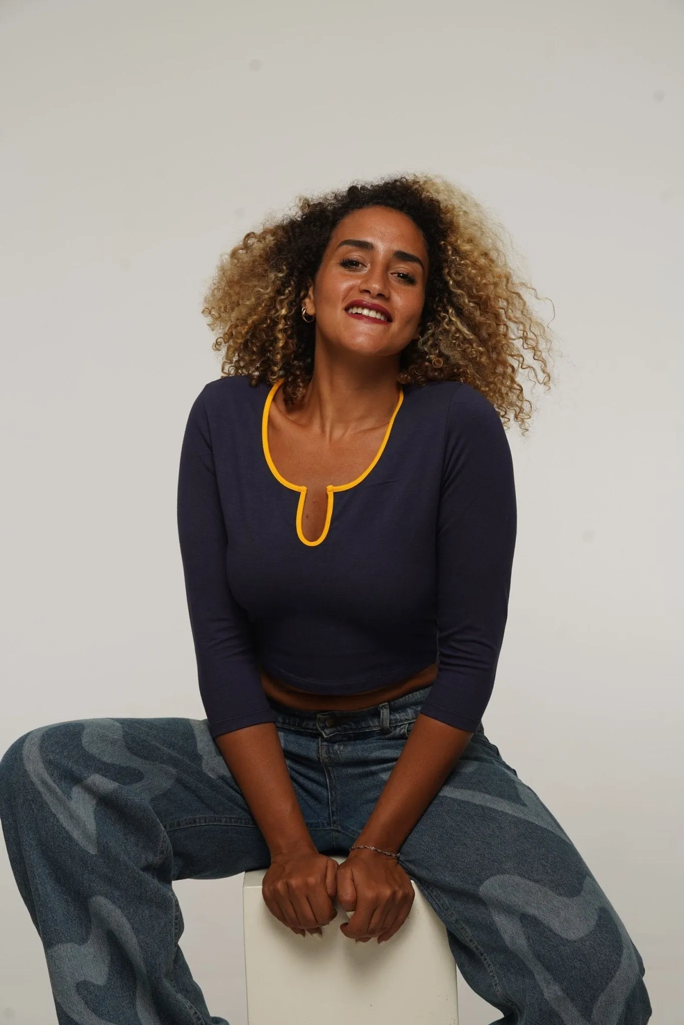 U Front Crop Top with sleeves in Navy & Mango sold by Manners London product image thumbnail 3