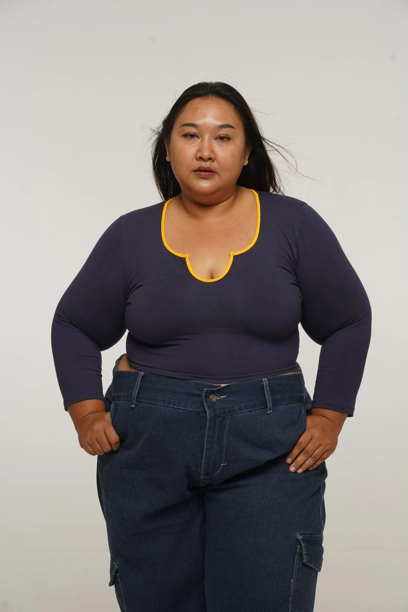 U Front Crop Top with sleeves in Navy & Mango sold by Manners London product image thumbnail 5