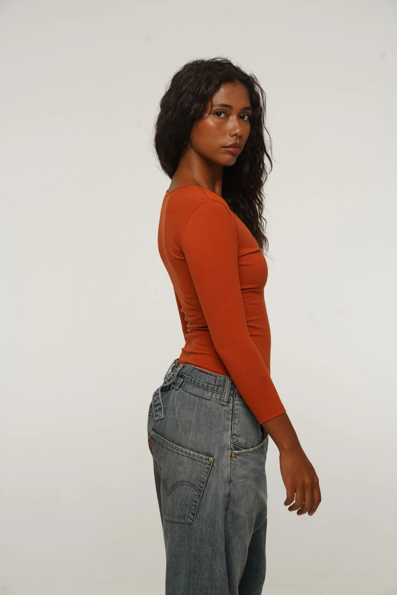 U Front Full Length Top with sleeves in Burnt Orange sold by Manners London product image thumbnail 4