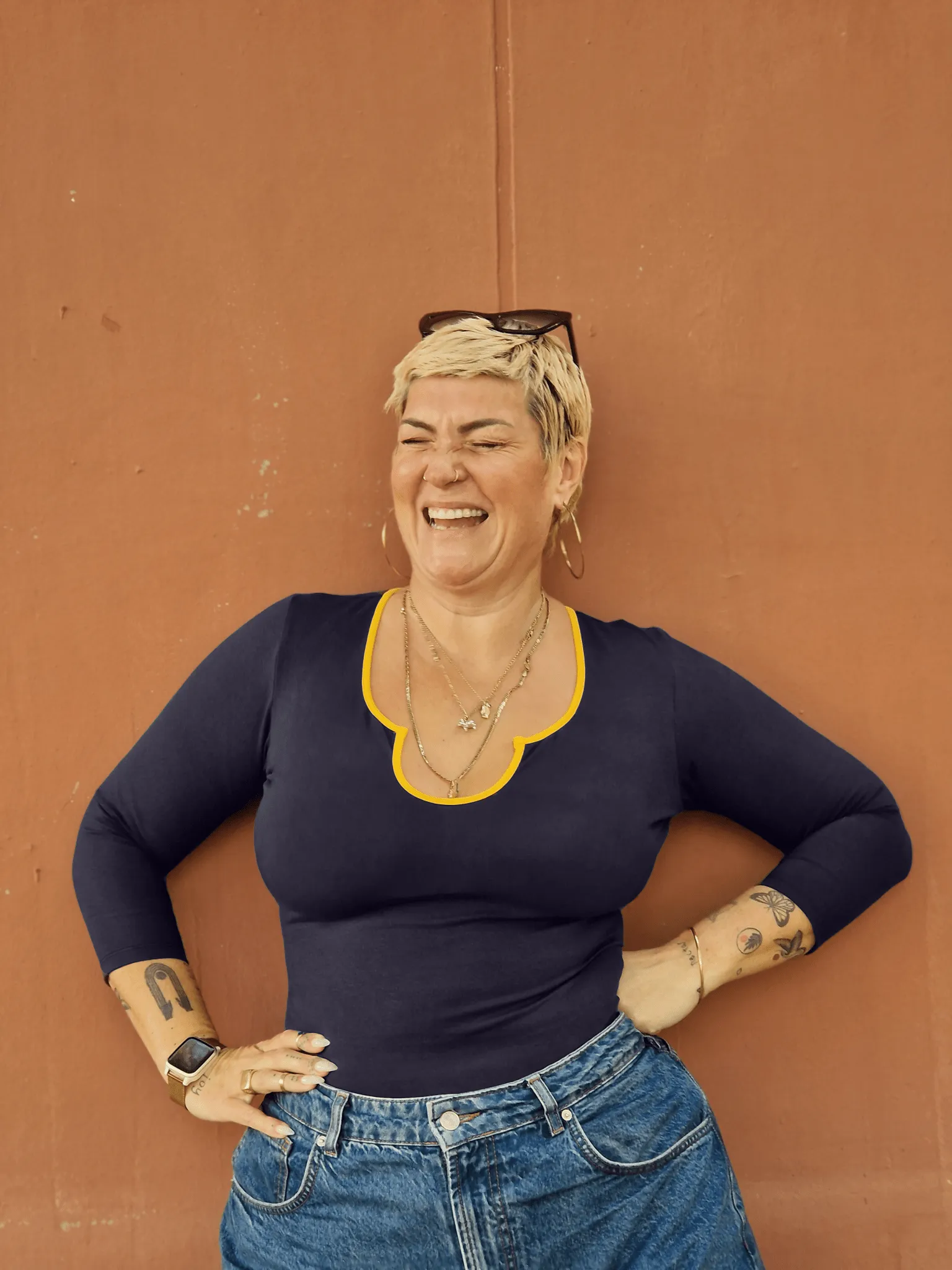 U Front Full Length Top in Navy & Mango sold by Manners London