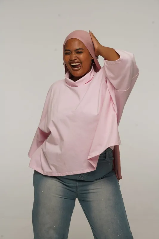 Funnel Neck Oversized Crop Tee in Pastel Pink made by Manners London