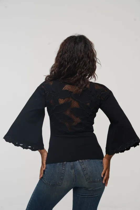 Balinese Lace Top flared sleeve in Black made by Manners London