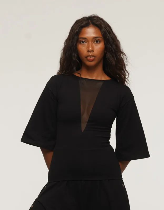 Reversible Deep V Mesh Full length Top with Wide Sleeves in Black made by Manners London