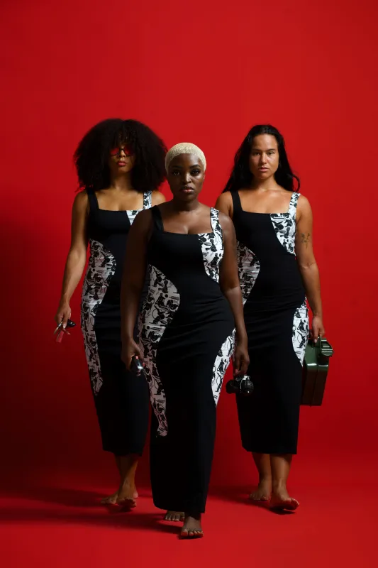 Square Neck Abstract Dress Midi in Black/Sisterhood made by Manners London