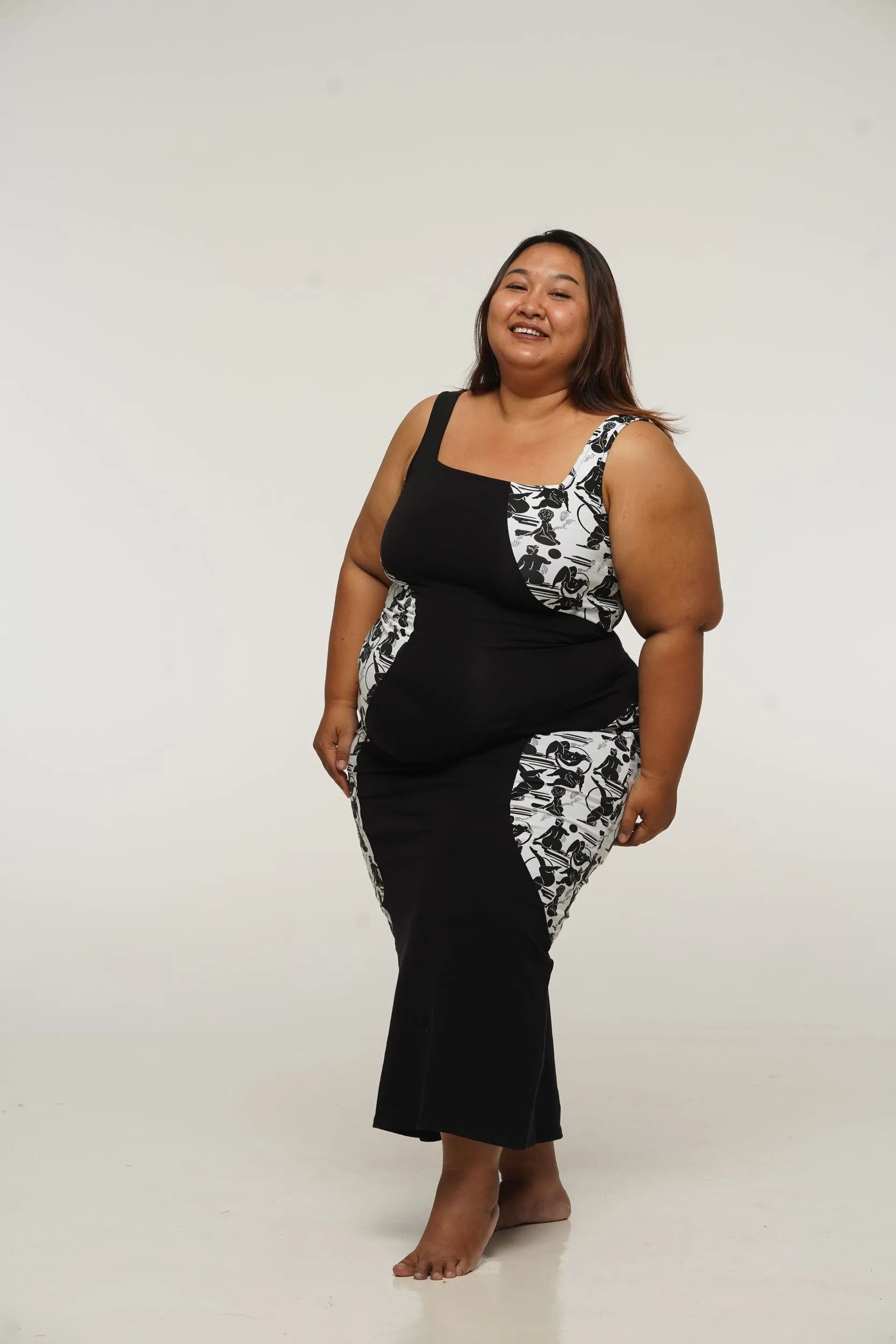Square Neck Abstract Dress Midi in Black/Sisterhood sold by Manners London product image thumbnail 3