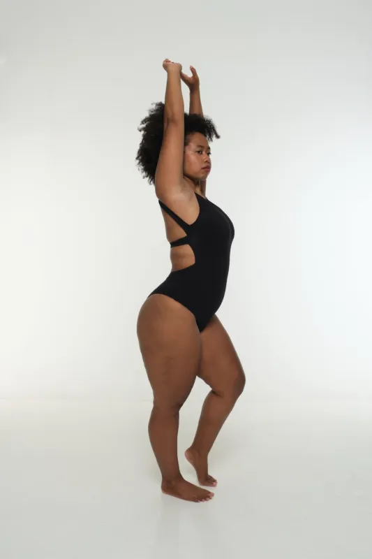 Open Back Bodysuit in Black made by Manners London