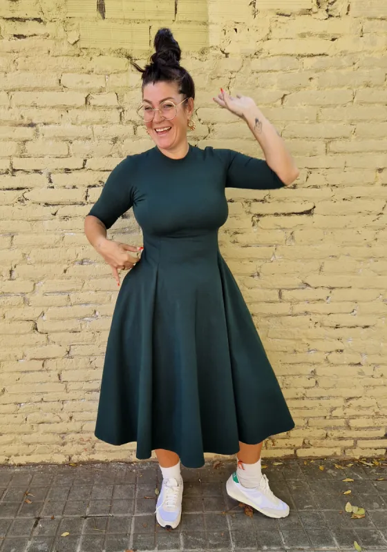 Asri Leki Dress Midi 3/4 sleeve in Forest Green sold by Manners London
