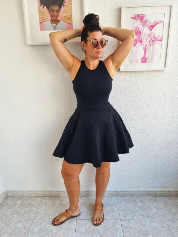 Jola Mini Dress Iza Neck in Black sold by Manners London