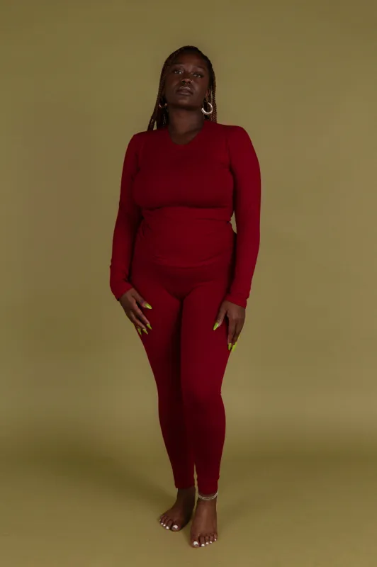 Super High Waist Tib Pant in Burgundy sold by Manners London