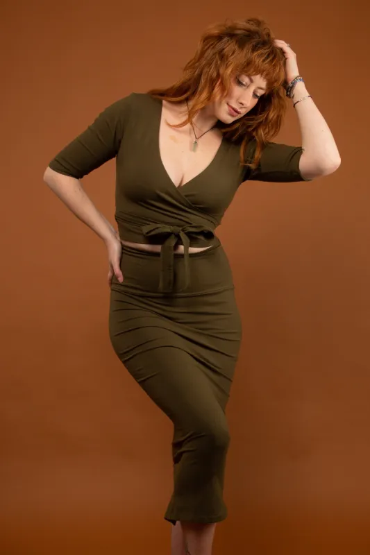 Favell Midi Skirt in Khaki Green sold by Manners London