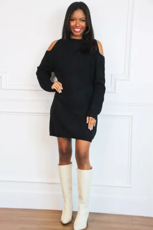 Leah Cold Shoulder Sweater Dress: Black sold by Bella and Bloom