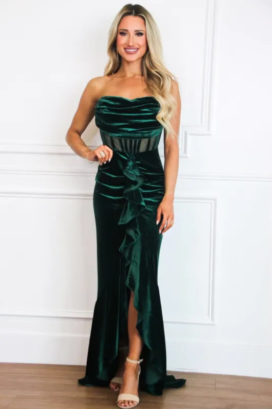Dimarco Velvet Ruffle Bustier Maxi Dress: Emerald sold by Bella and Bloom