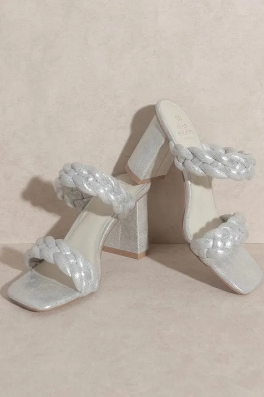 Savannah Braided Metallic Block Heels: Silver sold by Bella and Bloom
