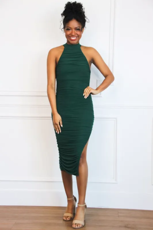 Casabella High Neck Open Back Midi Dress: Hunter Green sold by Bella and Bloom