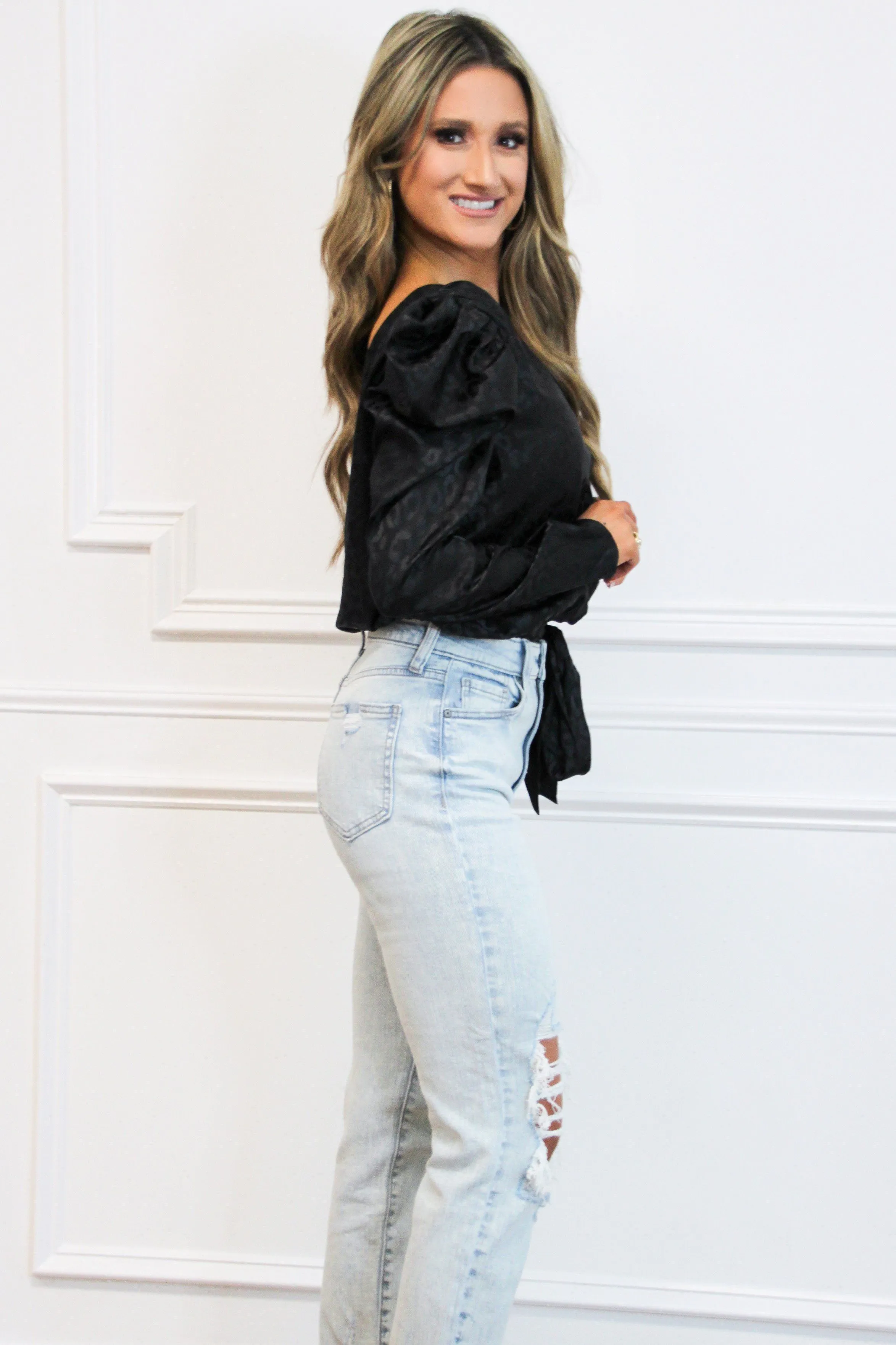 Leopard Chic Satin Top: Black sold by Bella and Bloom product image thumbnail 3