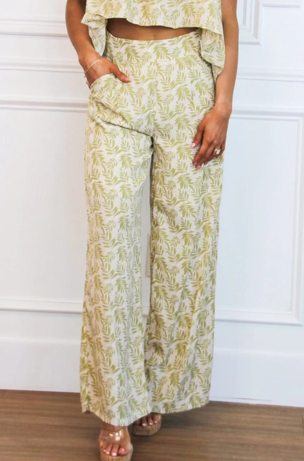 Tinsley Printed Wide Leg Pants: Light Green/Cream sold by Bella and Bloom