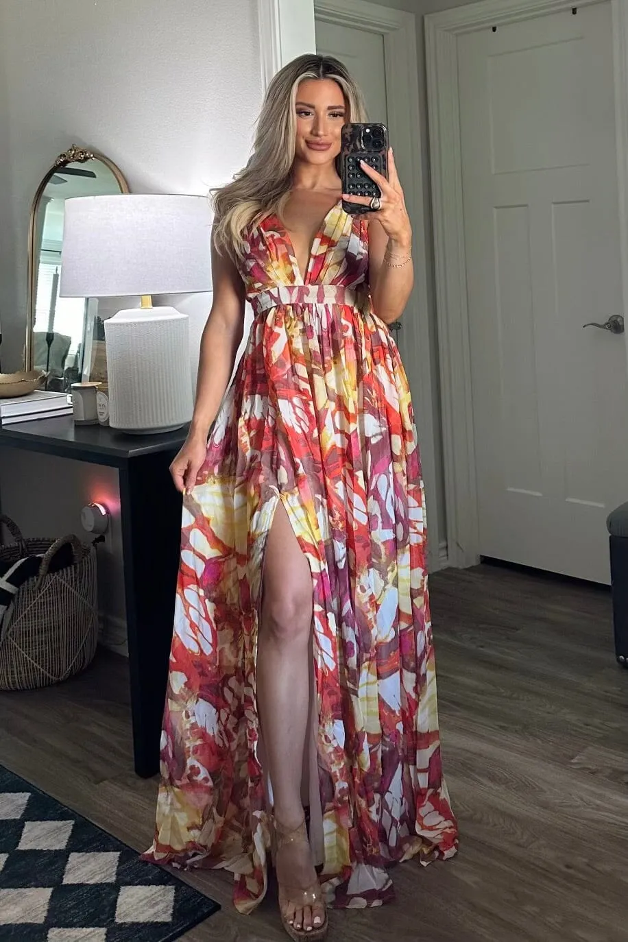 Just Another Sunset Maxi Dress: Orange/White Multi sold by Bella and Bloom