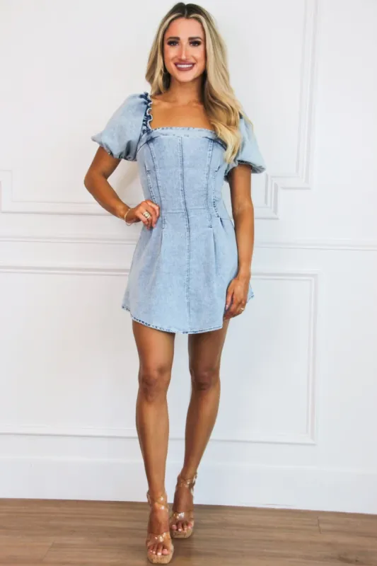 Augusta Square Neck Denim Dress: Medium Wash sold by Bella and Bloom